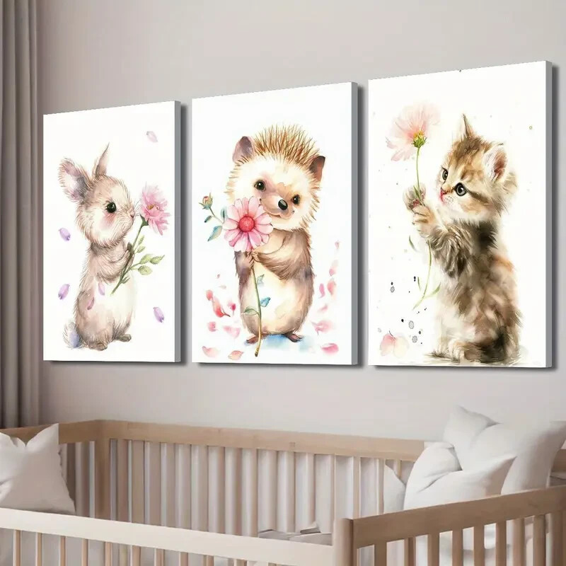3pcs Rabbit Hedgehog Kitten Holding Flowers Wall Art Canvas Unframed/Framed gallery