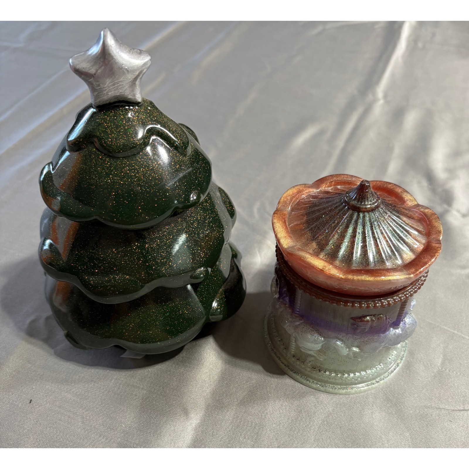 Handmade Resin Christmas Tree Stacking Trinket Box & Carousel Horse Jar Set gallery