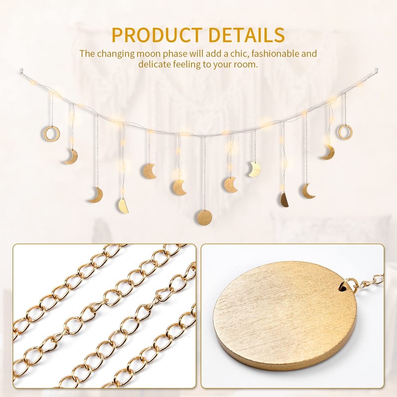 Moon Phase Wall Decor with LED String Light, 13 Gold Wood Boho Wall Hanging D... gallery