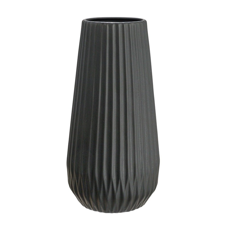 Round Stoneware Fluted Vase with Embossed Lines, Matte Black gallery