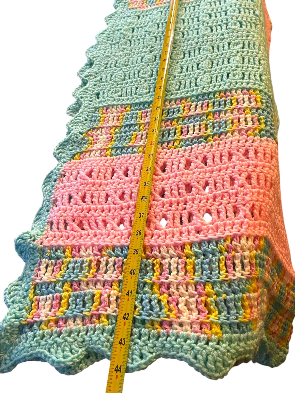 Beautiful Handmade Crocheted Afghan Green-Pink-Multicolor with Green Border 50" gallery