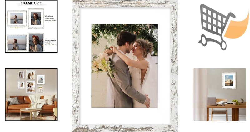 11x14 Picture Frame Wall Tabletop Rustic White with Mat for Photos gallery