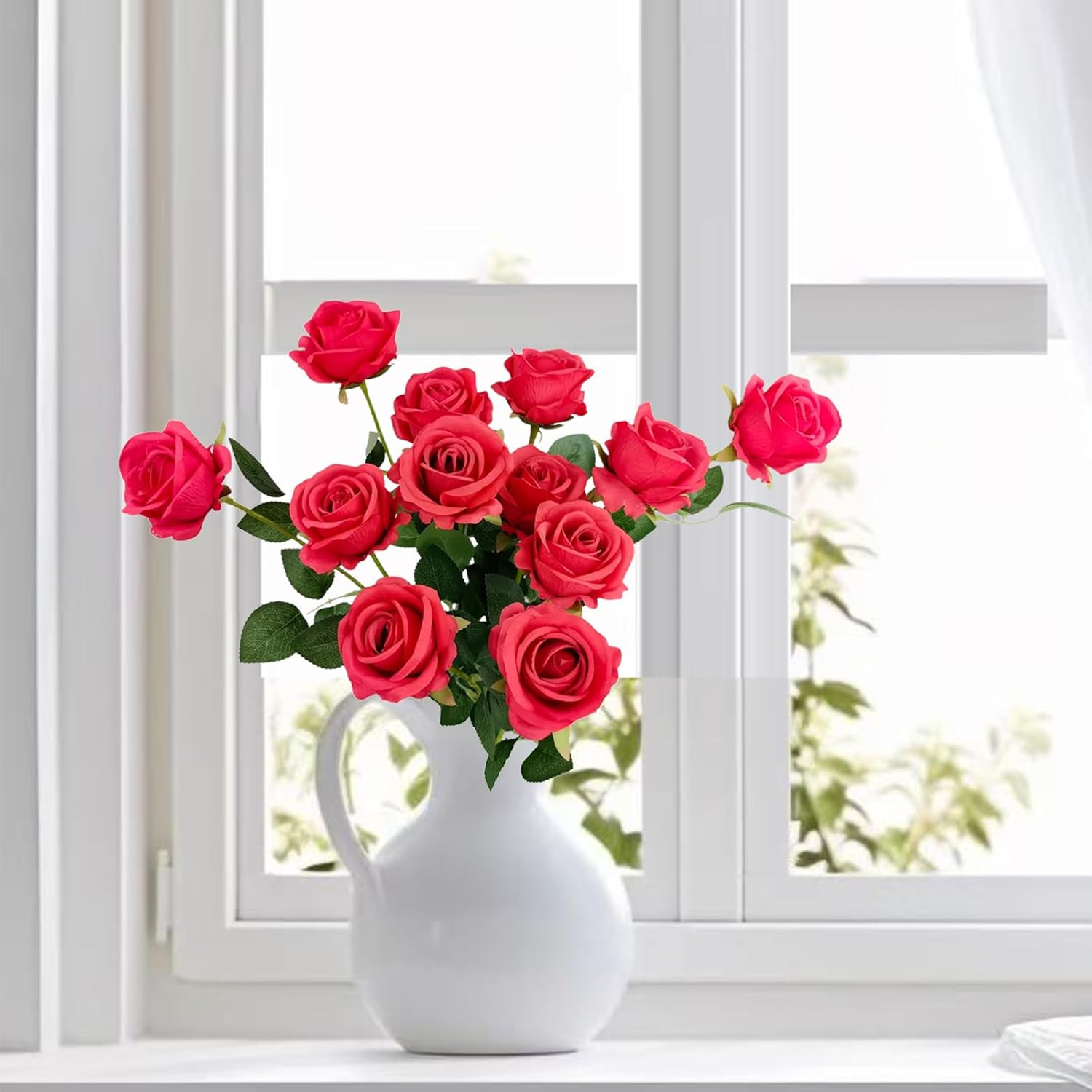 12PCS Fake Red Roses Artificial Red Flowers Bulk, Silk Faux Roses with Stems for gallery
