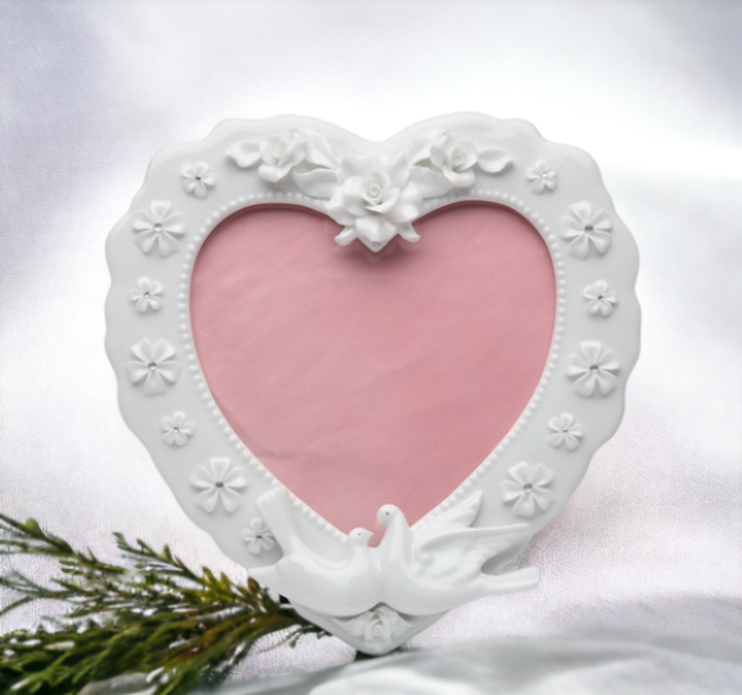 Ceramic Heart Shape Frame with Flowers and White Doves, Wedding Décor or Gift, A gallery