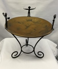 Brutalist Style Hammered Metal Centerpiece Bowl with 3 Welded Figures 13″T x 9″D