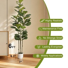 6FT Artificial Fiddle Leaf Fig Tree Large Faux Ficus Tree with White Planter