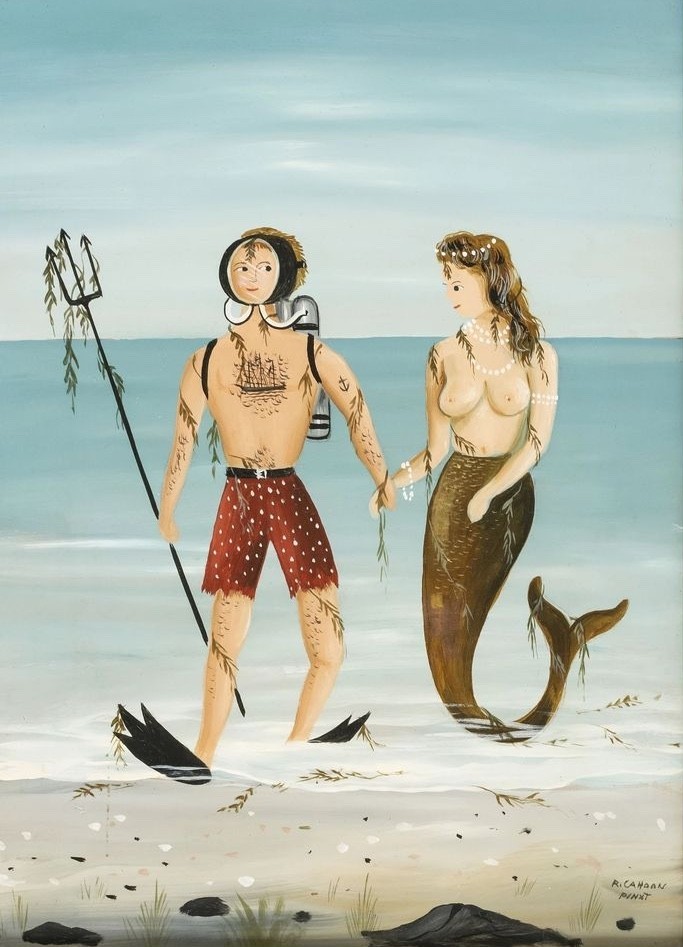 Ralph Cahoon : Nautical Fantasy : Diver and Mermaid Vintage Folk Art Print gallery