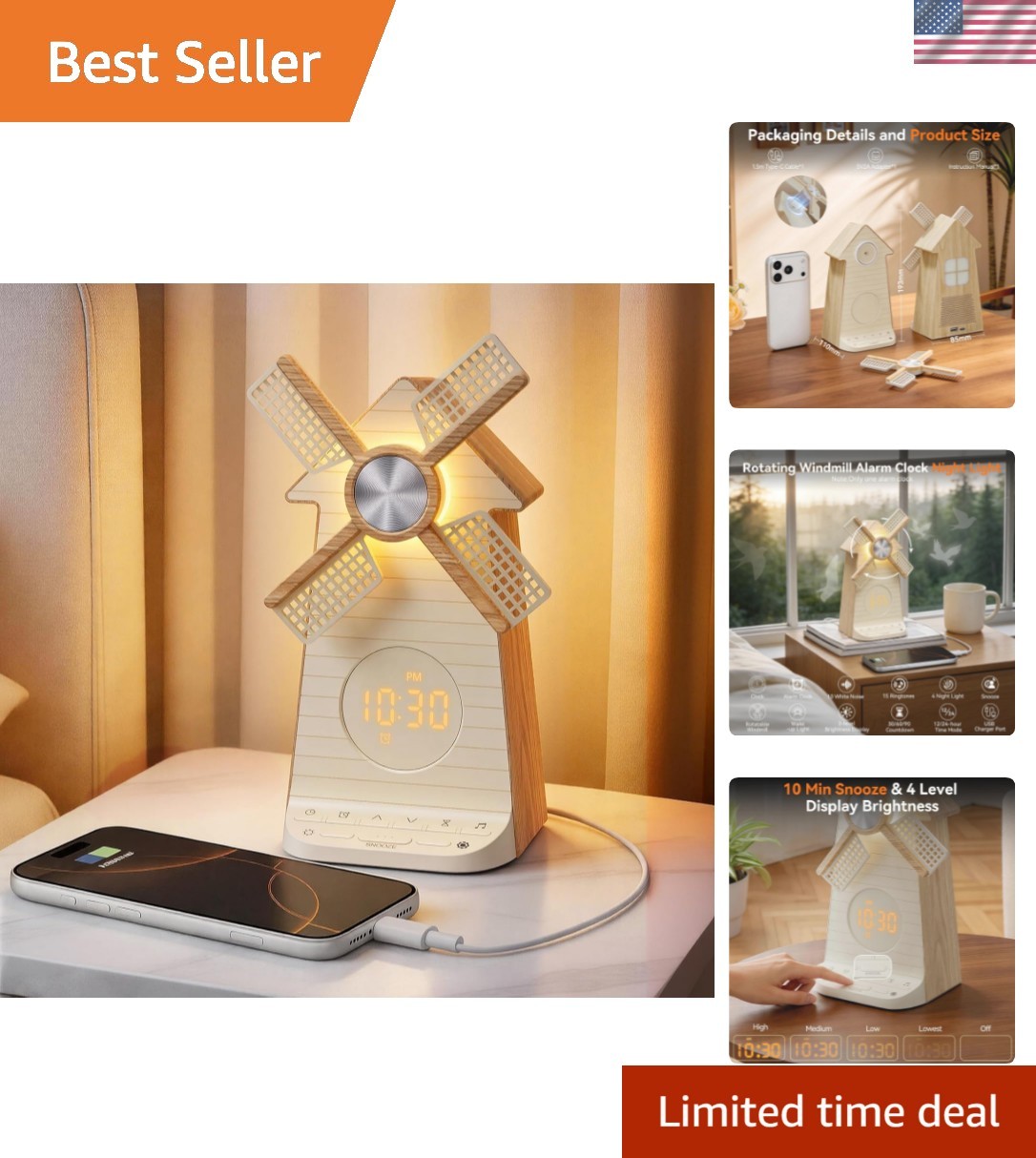 Alarm Clock with Rotating Windmill,Sound Machine with Wake up Light,Snooze,10... gallery