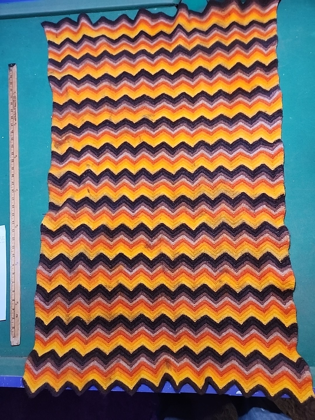 VTG Afghan Chevron Crochet Blanket 48 X 29 Throw Multicolor Brown Orange Yellow gallery