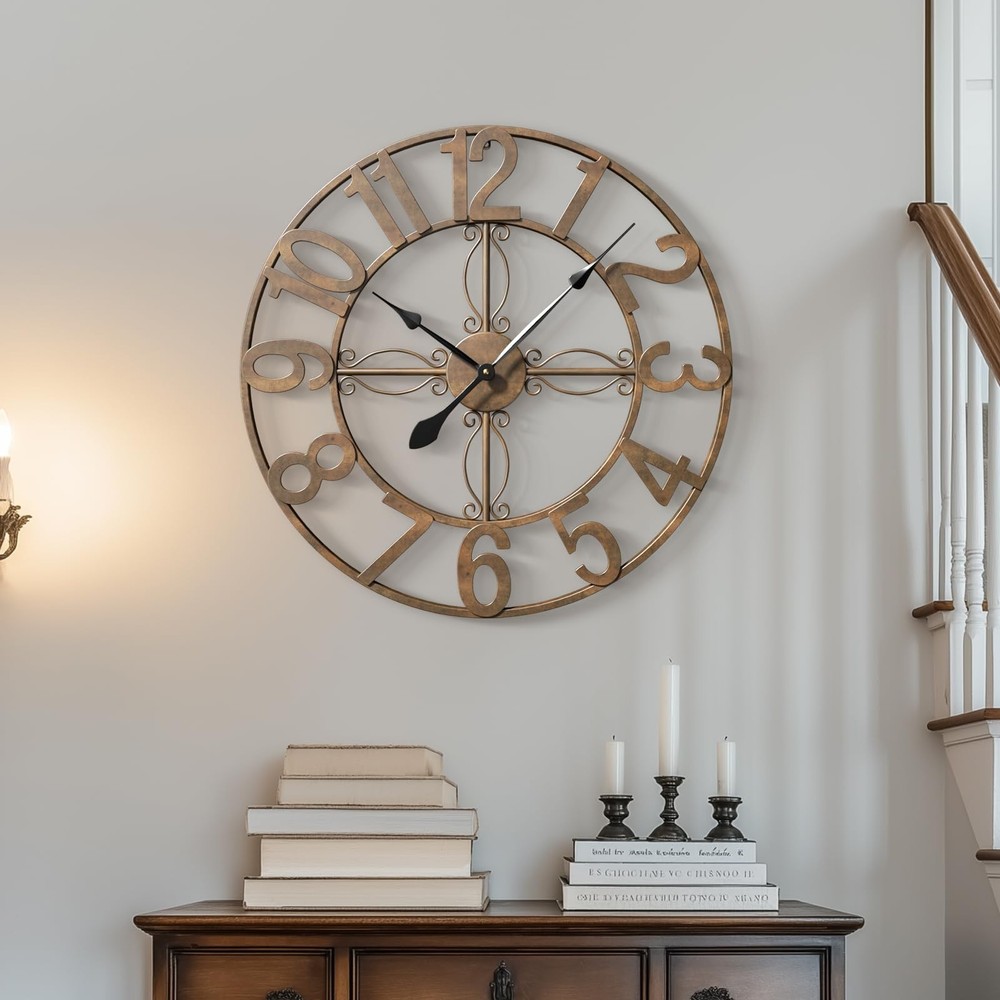 24 inch Wall Clock, Large Wall Clocks for Living Room, Decorative Metal Round...