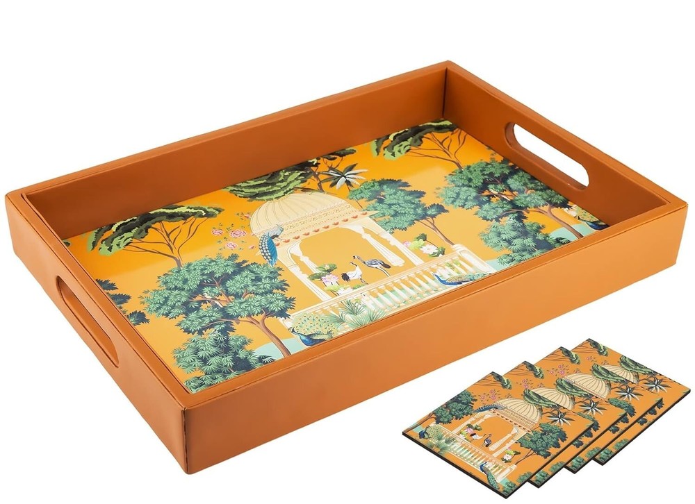 Engineered Wood Serving Tray Kitchen Office Royal Rajasthani Print with Coasters
