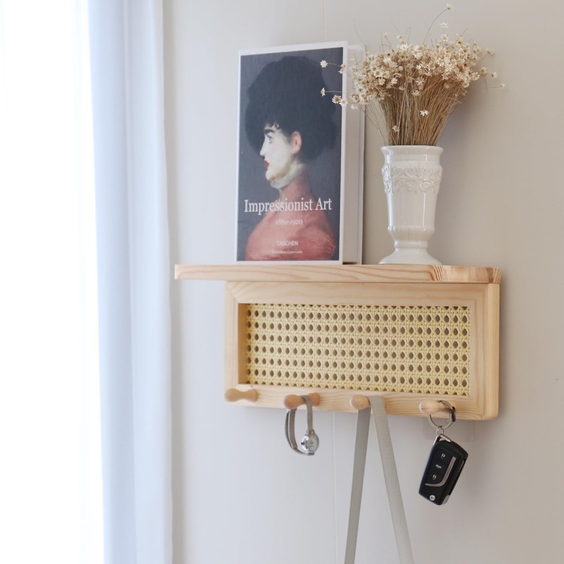 Wall Mounted Key Holder with 4 Hooks & PE Rattan Shelf 15.7"L x 4"W - Stylish gallery