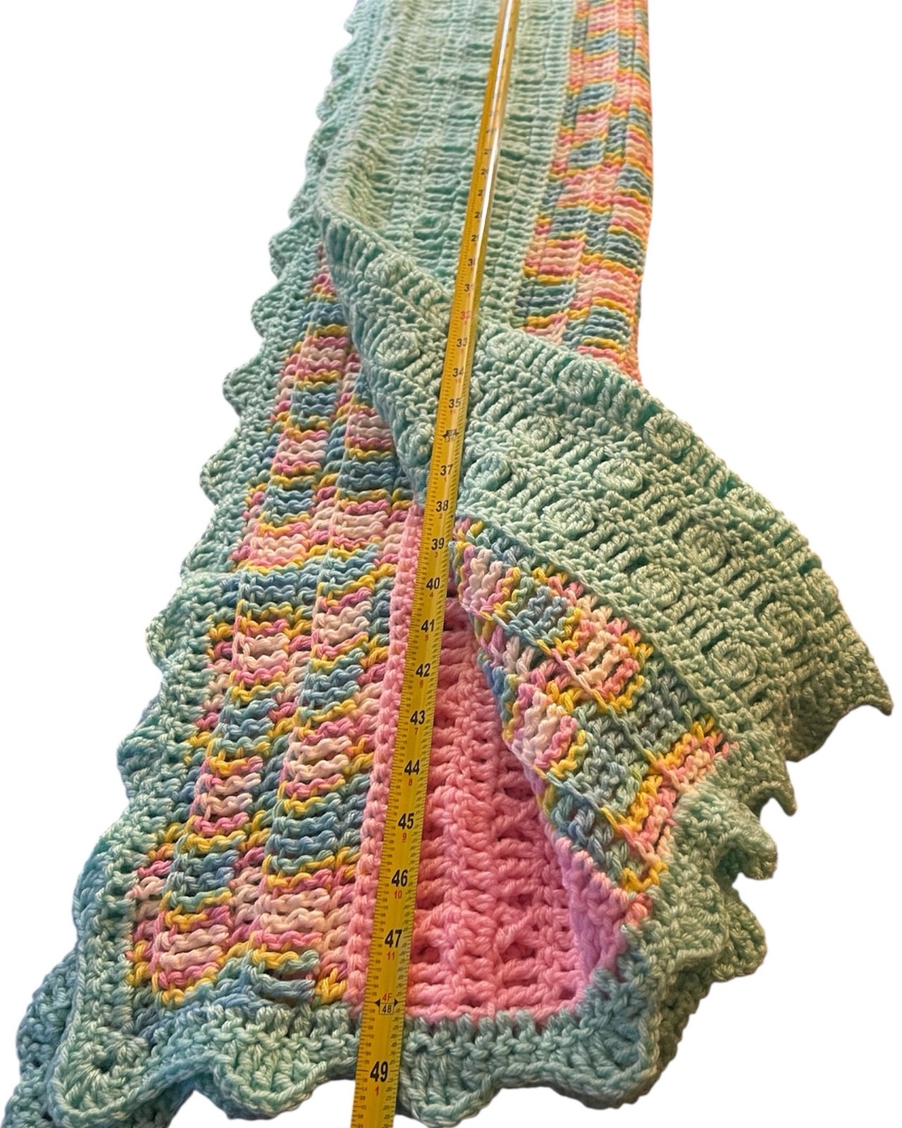 Beautiful Handmade Crocheted Afghan Green-Pink-Multicolor with Green Border 50" gallery