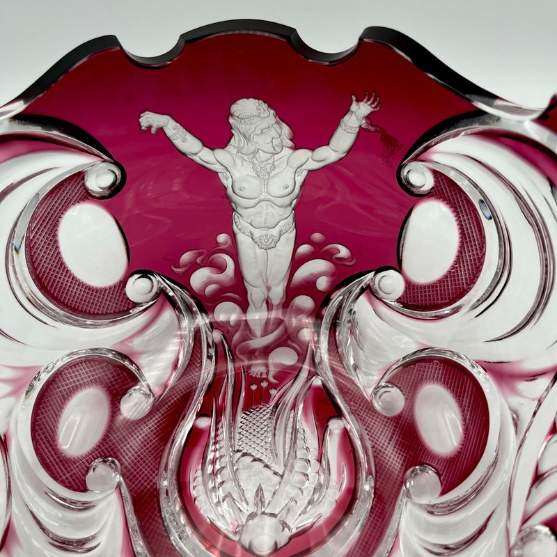 Varga Ruby Cut Crystal Bowl Neptune Rising Mythological Art Glass, Hungary gallery