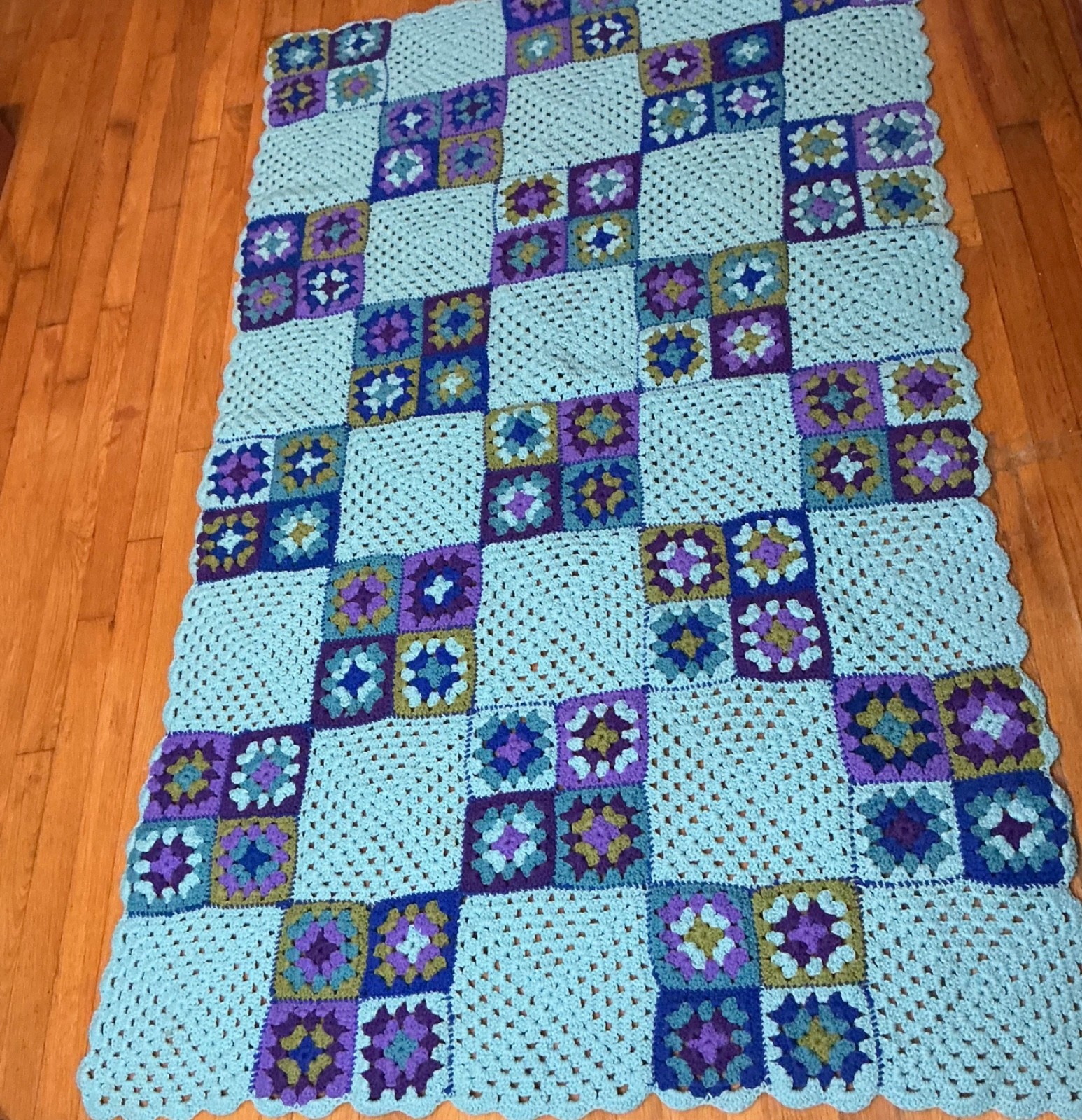 Afghan Blue Multi Color Crocheted Granny Square Bed Coverlet Couch Throw 75”X44” gallery