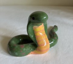 Hand Painted Ceramic Snake Cobra Figurine Green & Yellow Spots Pottery Art Signe
