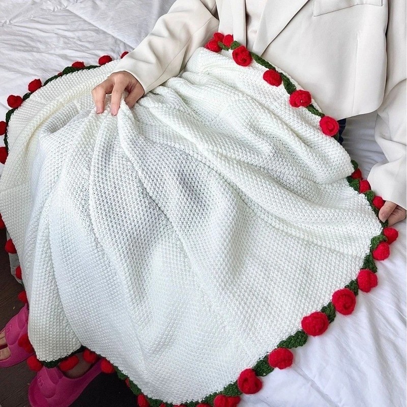 Crochet Rose Flower Bouquet Throw Blanket Handmade Knitted Gift with Bag gallery