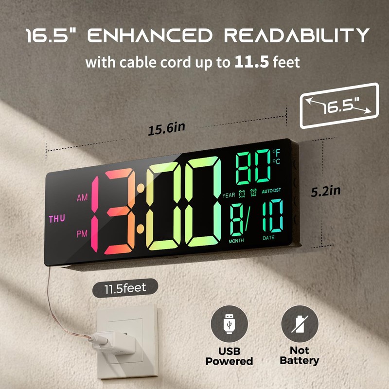 EASYERA 16.5 Large Digital Wall Clock with BT Sync, RGB Lights with 11 Scenes... gallery