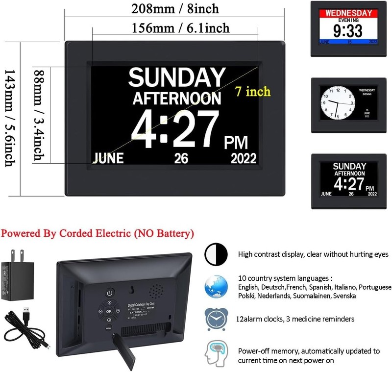 AINFTIME Clock With Day And Date For Elderly-3 Colors Display Digital Calendar gallery