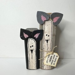 2 Rustic Wood Block Cat Figurines Hand Painted Primitive Folk Art Decor Gift