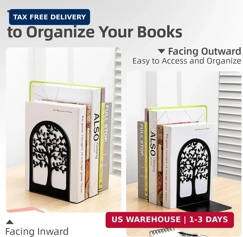 HappyHapi Book Ends, Metal Bookends for Shelves Decorative, Tree Stopper for Hea gallery