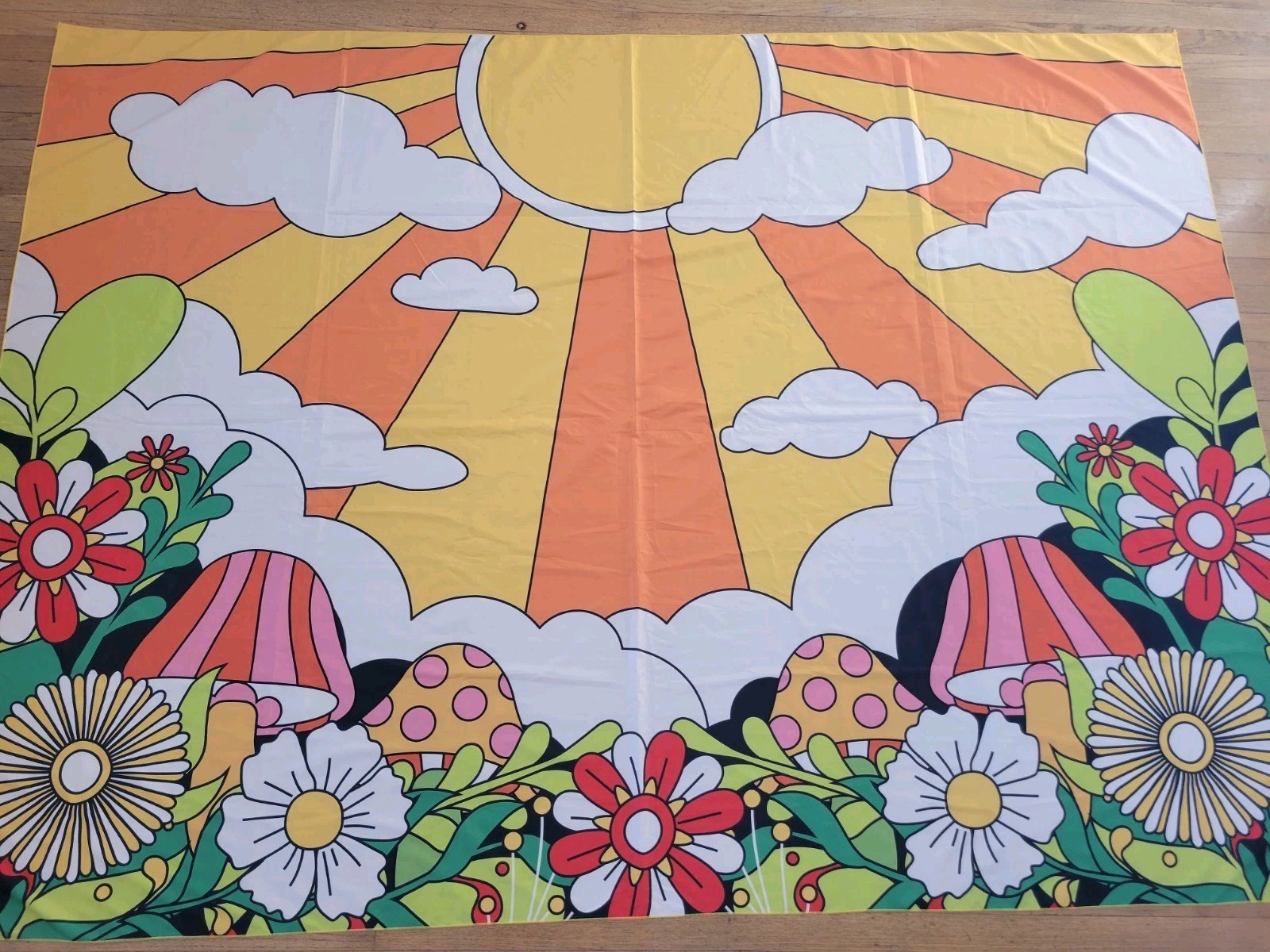 Polyester Fabric Mod Flower Power Bright Floral Mushroom Sun Sky Tapestry gallery