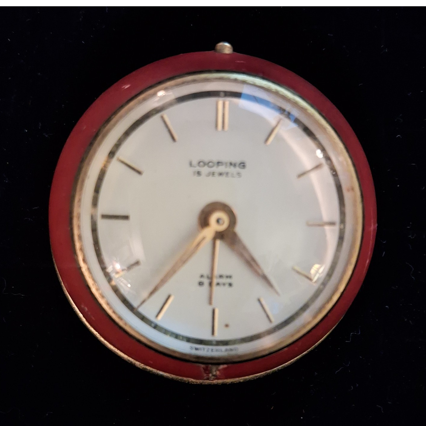 Looping Swiss Analog Alarm Clock - Red Round, Mid 20th Century, Non-Numeric gallery