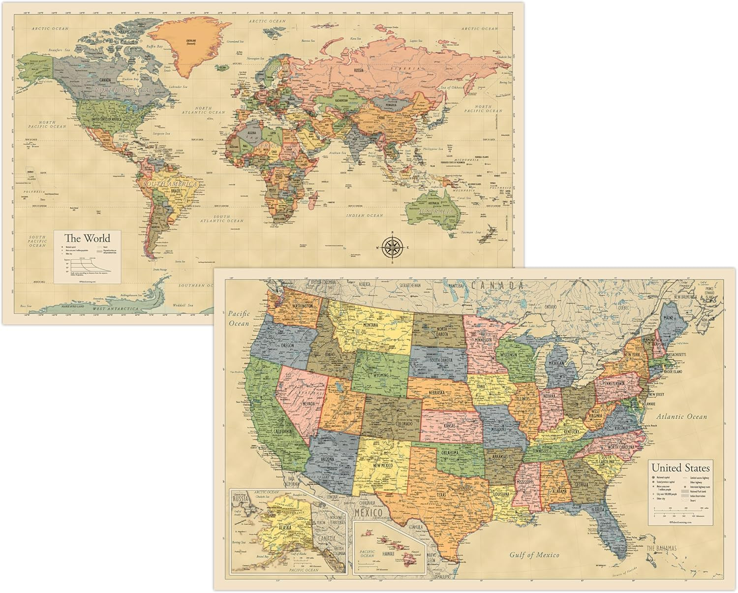 2 Pack - Laminated World Map & US Map Poster Set - Wall Chart Map of the World & gallery