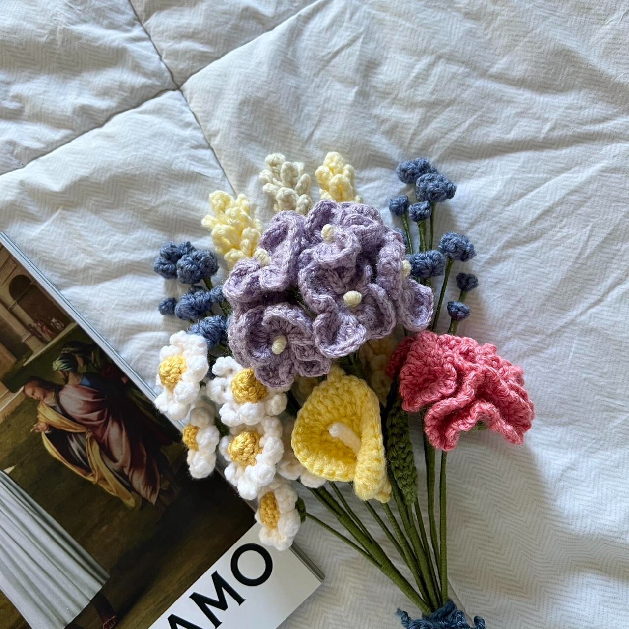 Handmade Crochet Knitted Lavender Carnation Hydrangea Lily Flower Bouquet 9 Stem gallery