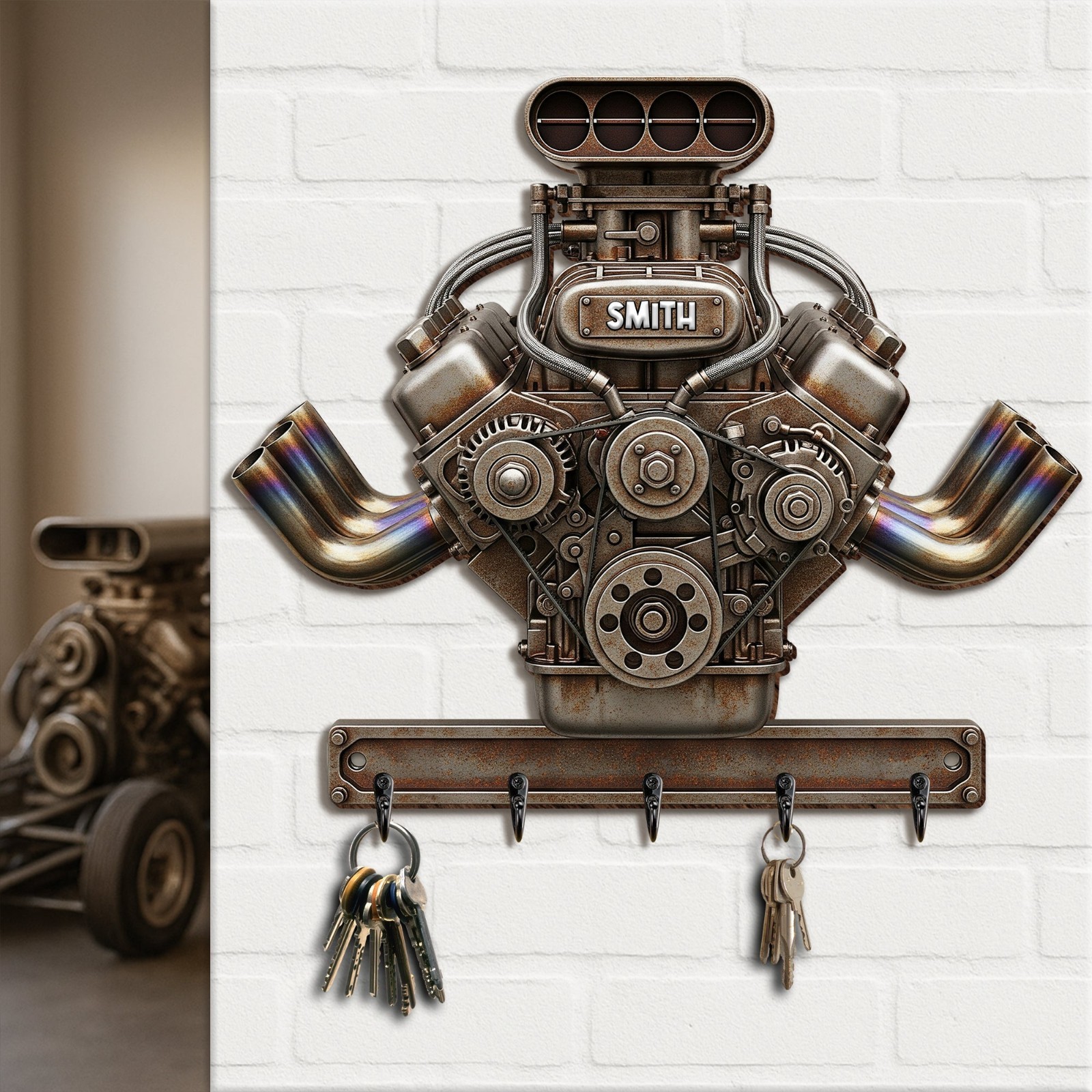 Drag Racing Engine Key Hanger - Personalized Gift For Biker, Fathers Day gallery
