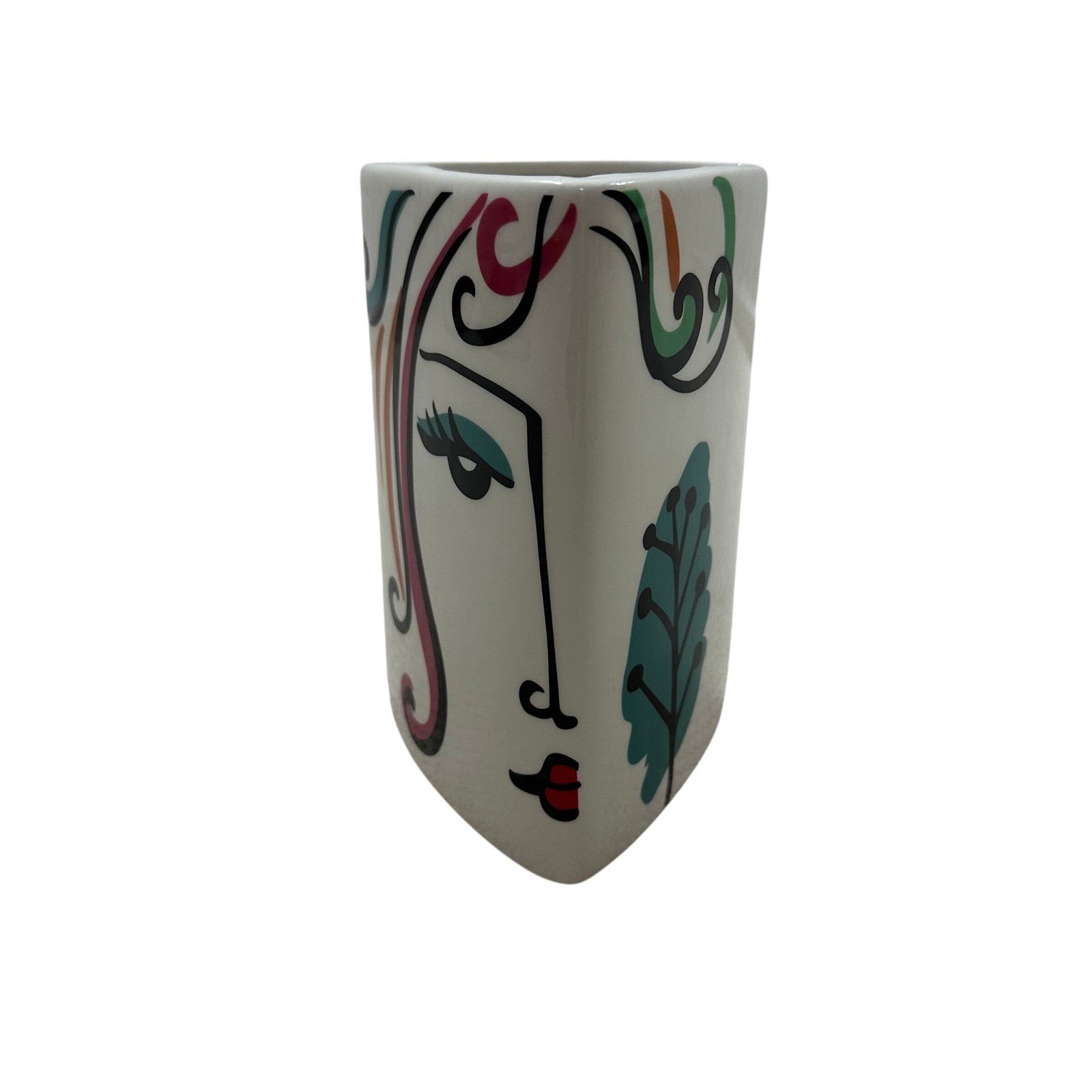 Vintage Style Abstract Face Ceramic Vase Triangular Pop Art Modern White 6.5in gallery