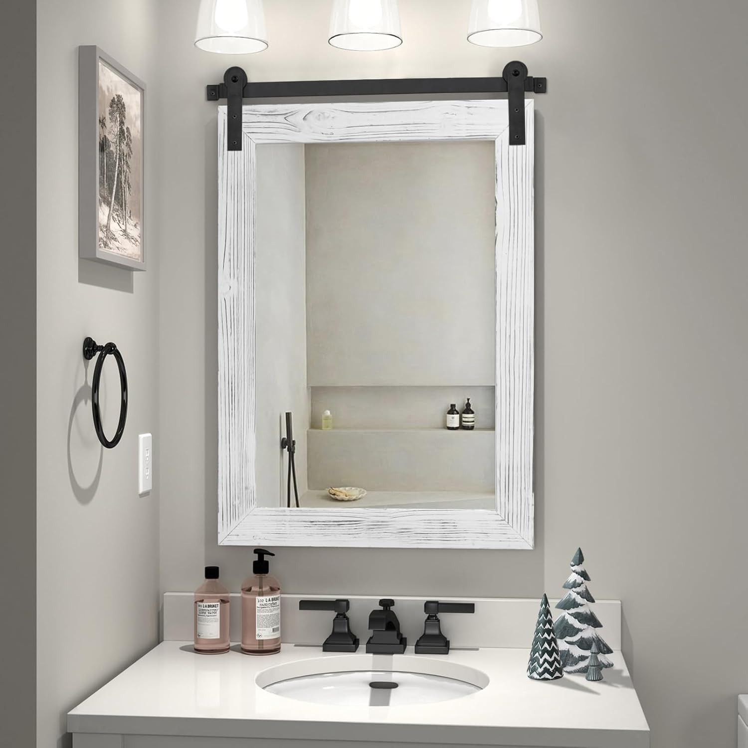 Rustic Farmhouse Bathroom Mirror - 30x21 White Wood Framed Wall Decor gallery