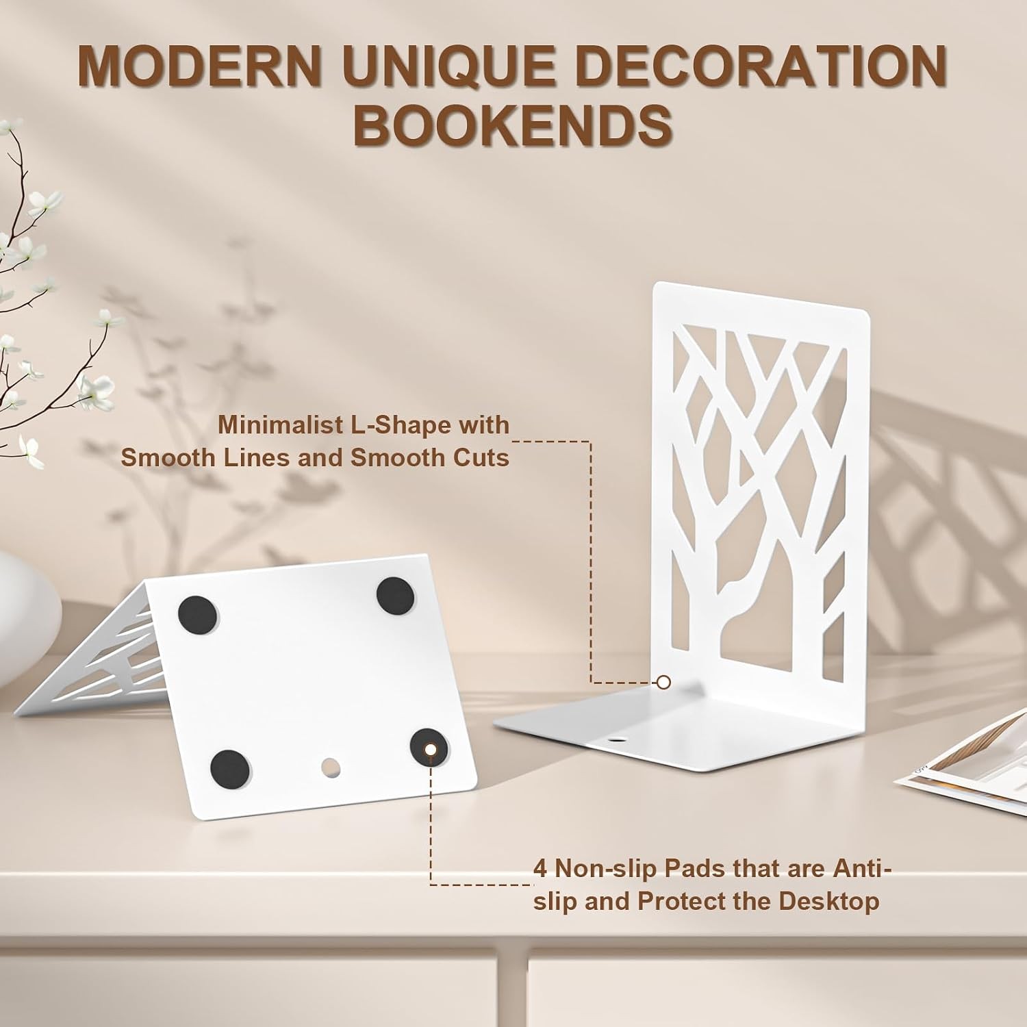 Withe Bookend 6-Piece, Tree Design Bookends for Shelves, Metal Book Ends for gallery
