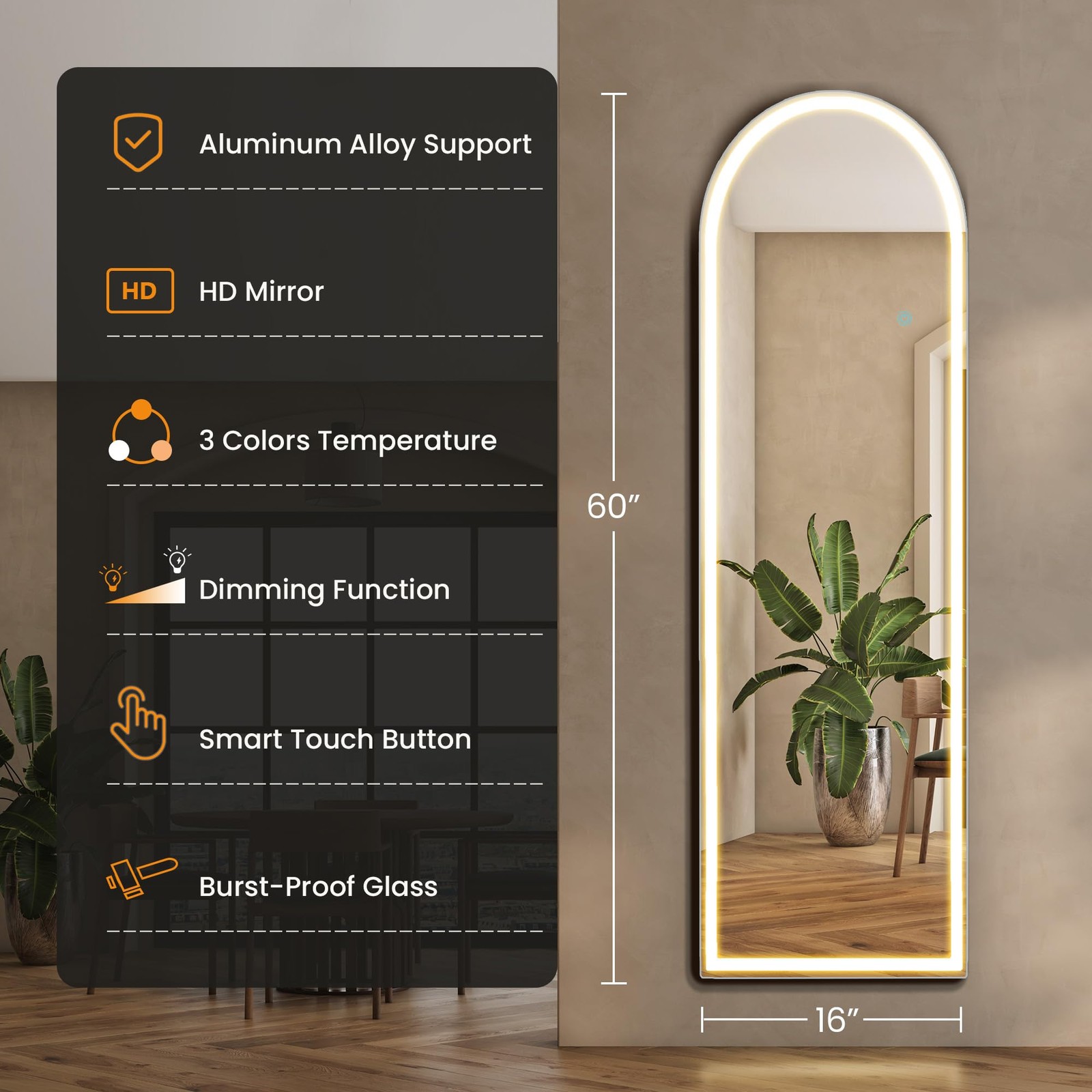 LED Arched Full Length Mirror with Light, 60" L x 16" W Full Body Standing Mi... gallery