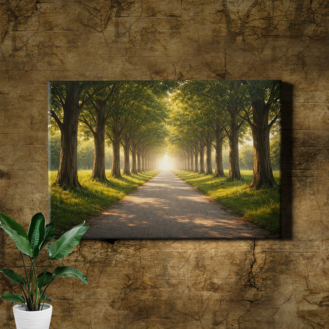 Forest Road Landscape Sunlight Filtering Wood Framed Canvas Art gallery