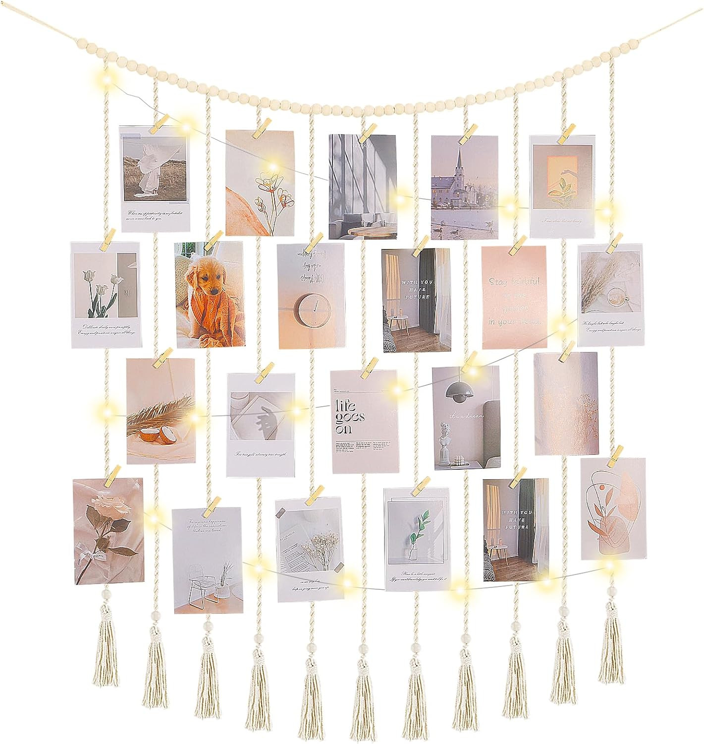 Macrame Hanging Photo Display Boho Wall Decor with String Lights Wooden Beads Ga gallery
