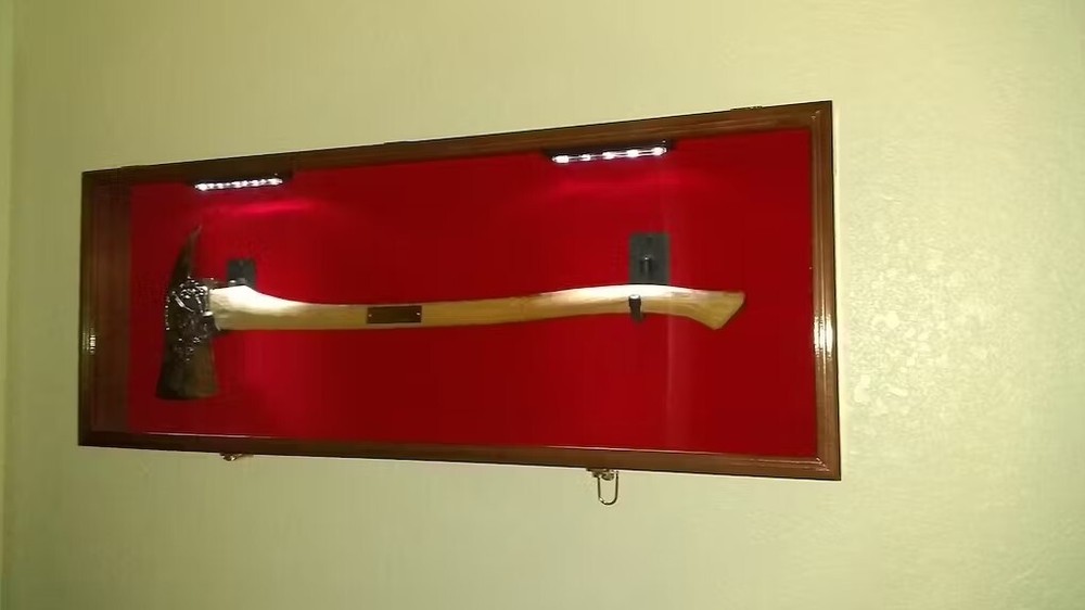 Axe Display Case Walnut LED Light Firefighter Fireman Badge Medal Wood Cabinet