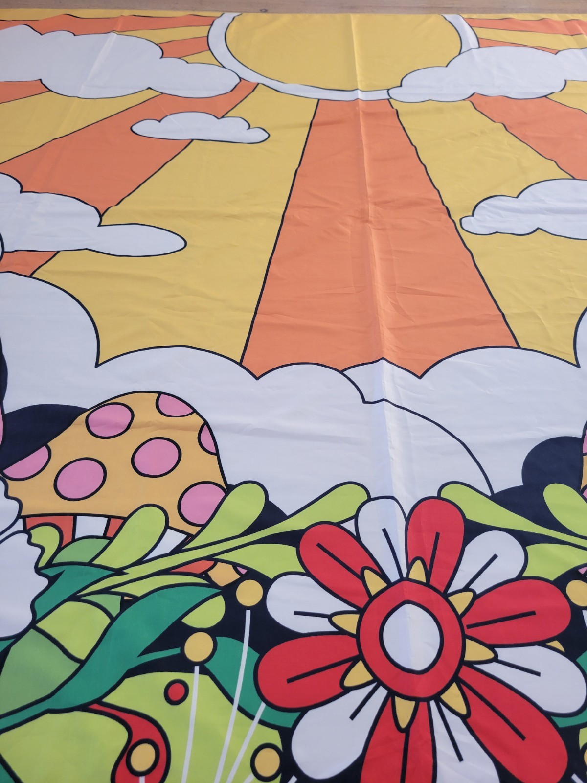 Polyester Fabric Mod Flower Power Bright Floral Mushroom Sun Sky Tapestry gallery