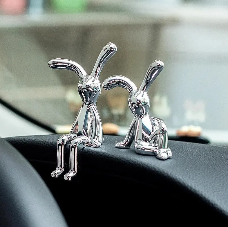 2pc Silver Long-Eared Rabbit Double Statue Cartoon Desktop Ornament - NEW gallery