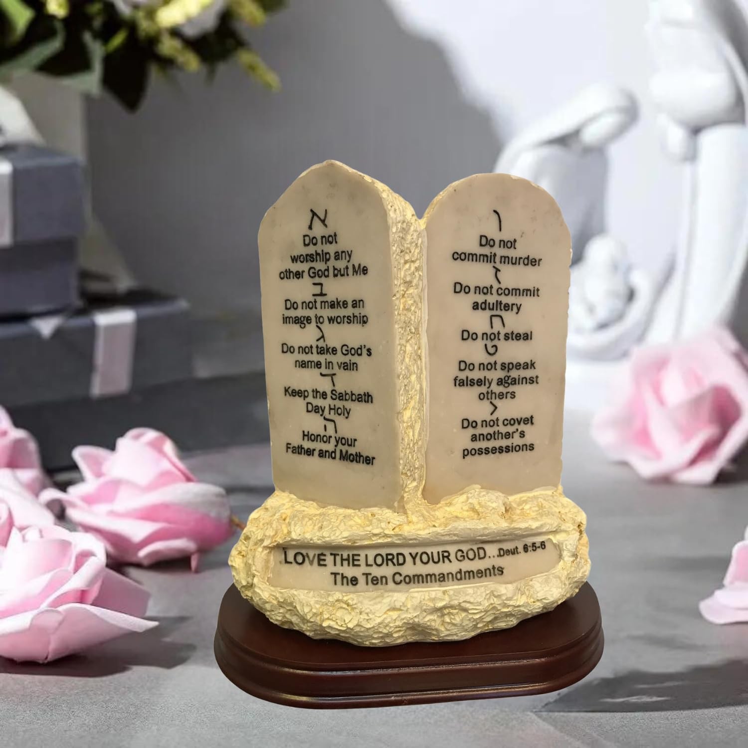 Ten Commandments Tabletop Decor Stone Replica Statue with Scripture On Wood B... gallery