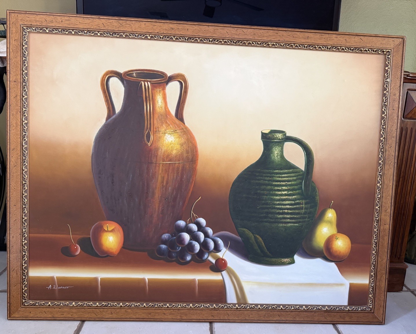 Vintage Solid Oak Frame Distressed Gilded Inner Mounding 52” x 40” Oil On Canvas gallery