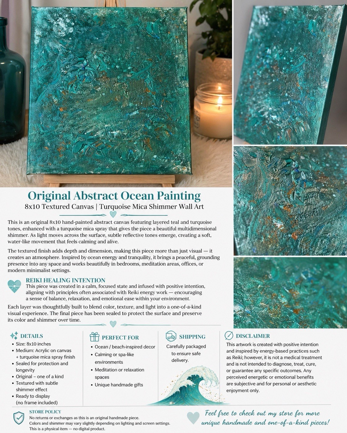 Original Abstract Ocean Painting 8x10 Textured Canvas Turquoise Reiki Wall Art gallery