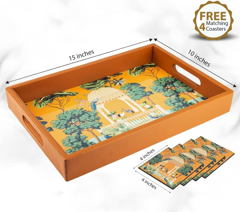 Engineered Wood Serving Tray Kitchen Office Royal Rajasthani Print with Coasters gallery