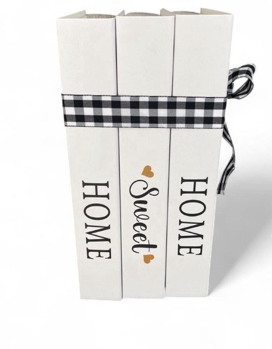 Decorative Book Stack "Welcome Home" "Sweet Home" White/Black Gingham FH-12 gallery