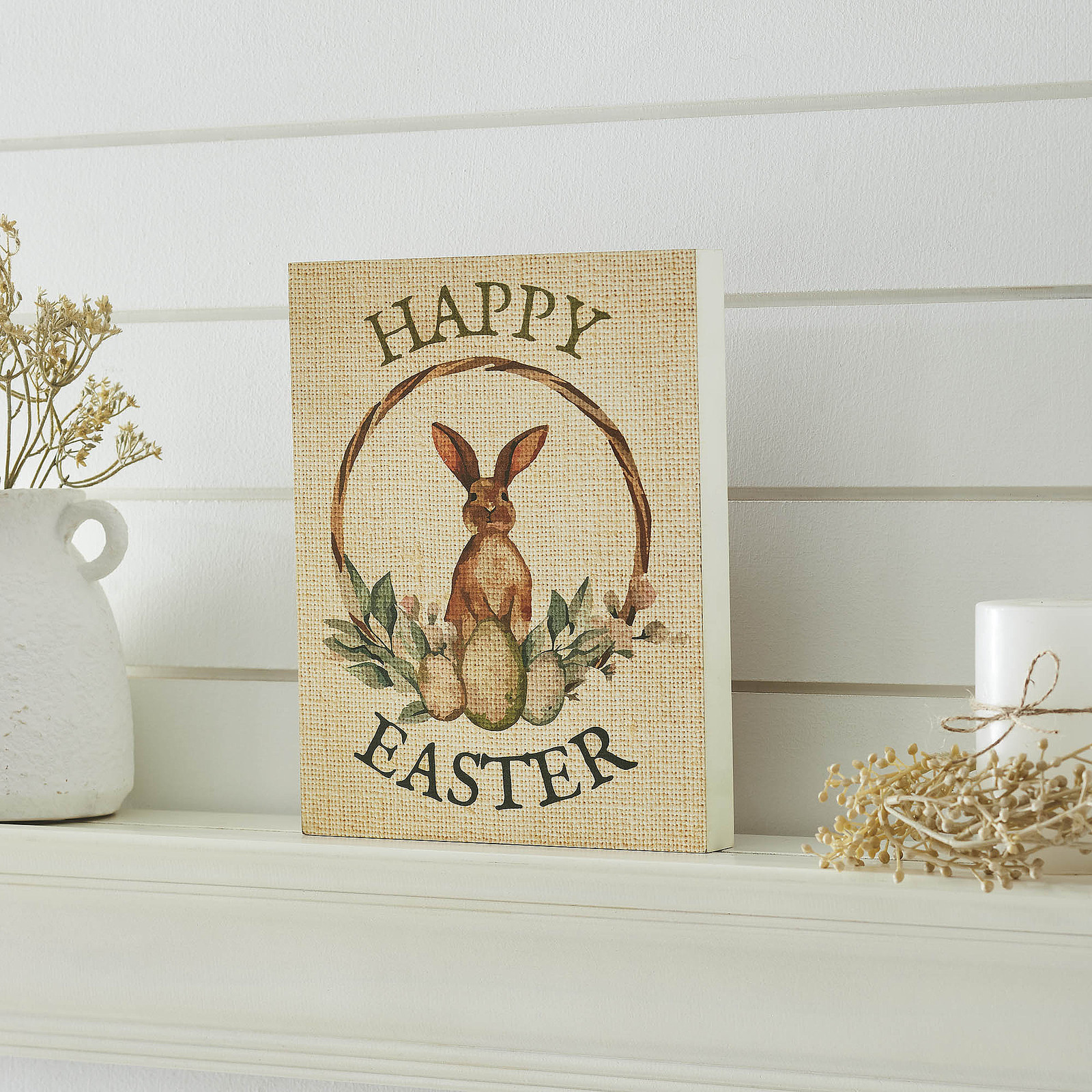 VHC Brands Spring In Bloom Happy Easter Bunny & Eggs In Wreath Wall Sign 10x8x1 gallery