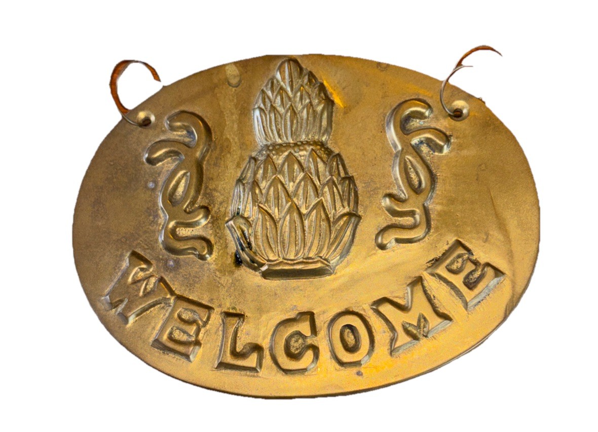 Solid Brass Pineapple Oval Welcome Sign 4.75”x 3.25” - EX - Made In India gallery