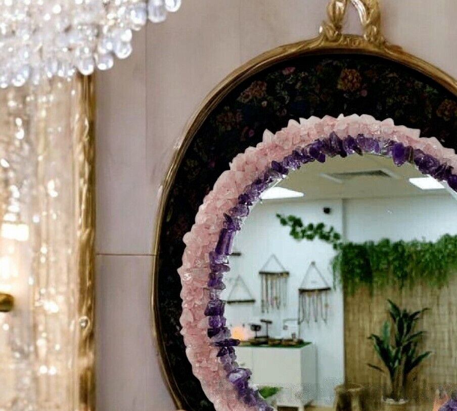 Handcrafted Selenite Crystal Style Round Wall Mirror 18" – Luxury Modern Décor gallery