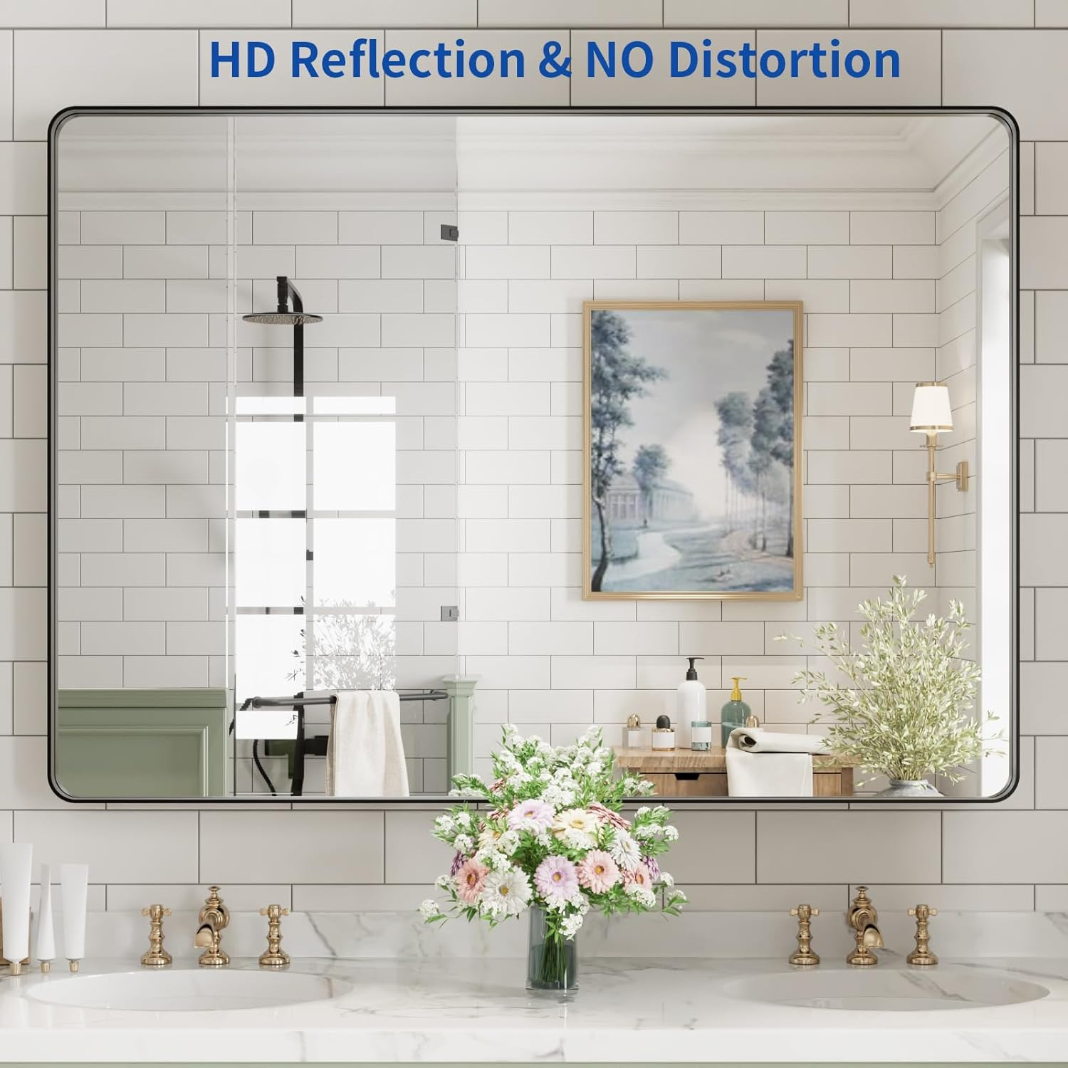 Matte Black Rectangular Wall Mirror 48x40 Inch with Rounded Corners, Anti-Rust gallery