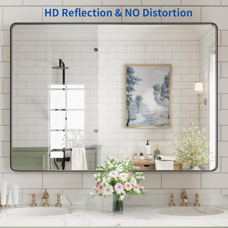 Matte Black Rectangular Wall Mirror 48x40 Inch with Rounded Corners, Anti-Rust gallery