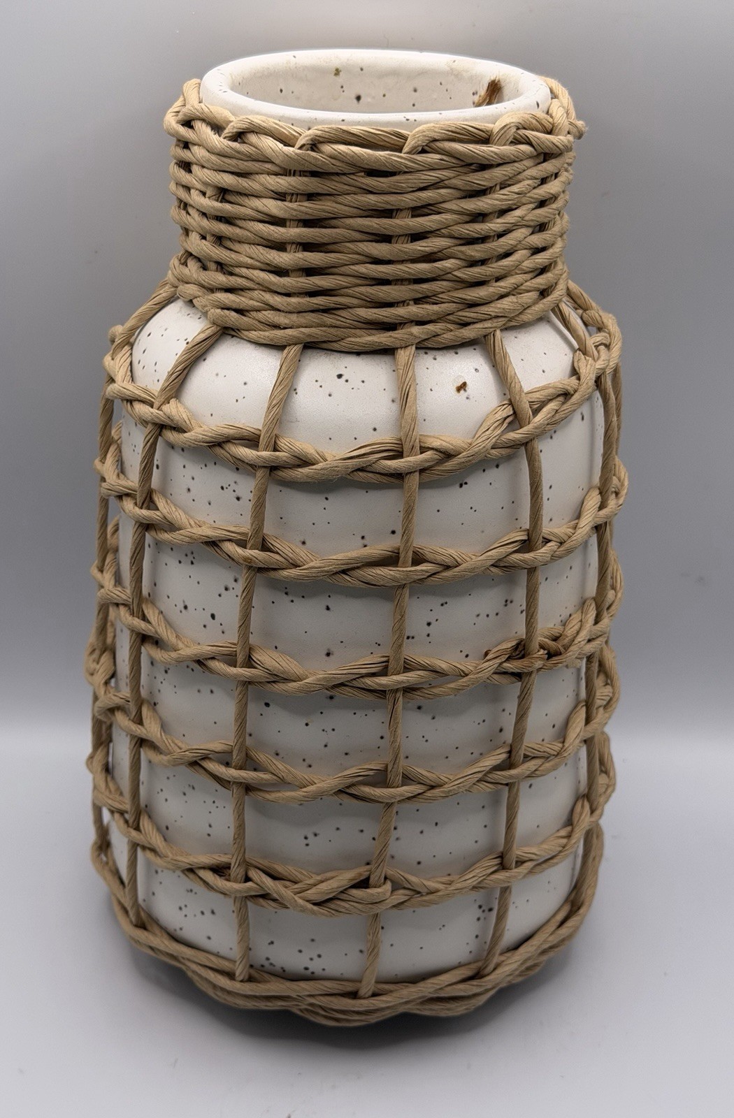 Boho Coastal Rattan Wrapped Ceramic Vase Cream Speckled Wicker Decor 10.5” gallery